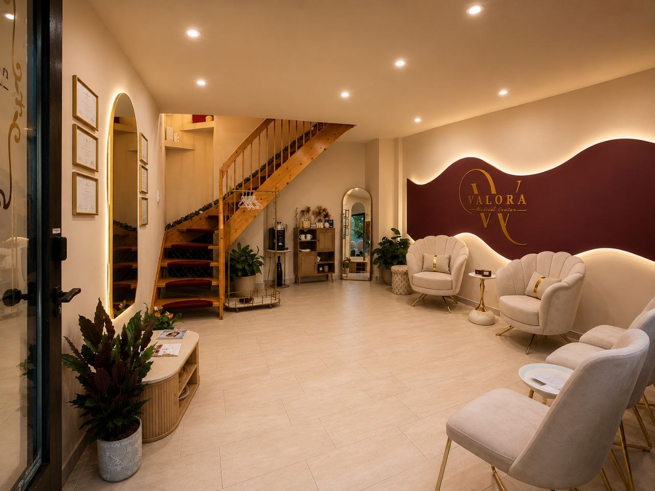 Großzügige Lobby mit warmer Beleuchtung – Valora Medical Center, Kosmetikstudio Leipzig