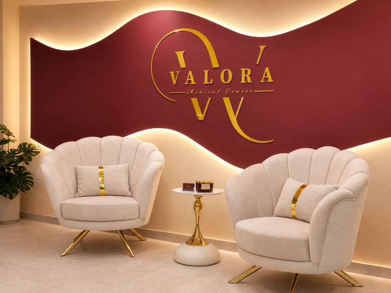 Eleganter Wartebereich mit goldener Valora-Wand – Valora Medical Center, Kosmetikstudio Leipzig